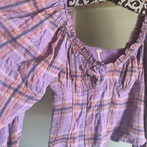 Free People Lavender Plaid Smocked Top